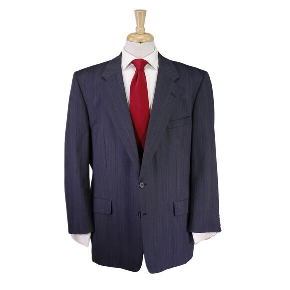 Hickey Freeman Vintage Blue Herringbone Striped 2-Btn Wool Suit 48S - Picture 1 of 9